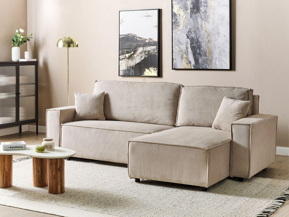 2-SITZER-ECKSOFA Cord beige rechtsseitig mit Schlaffunktion Abacka - Beige/Schwarz, Textil (247/147cm) - Beliani