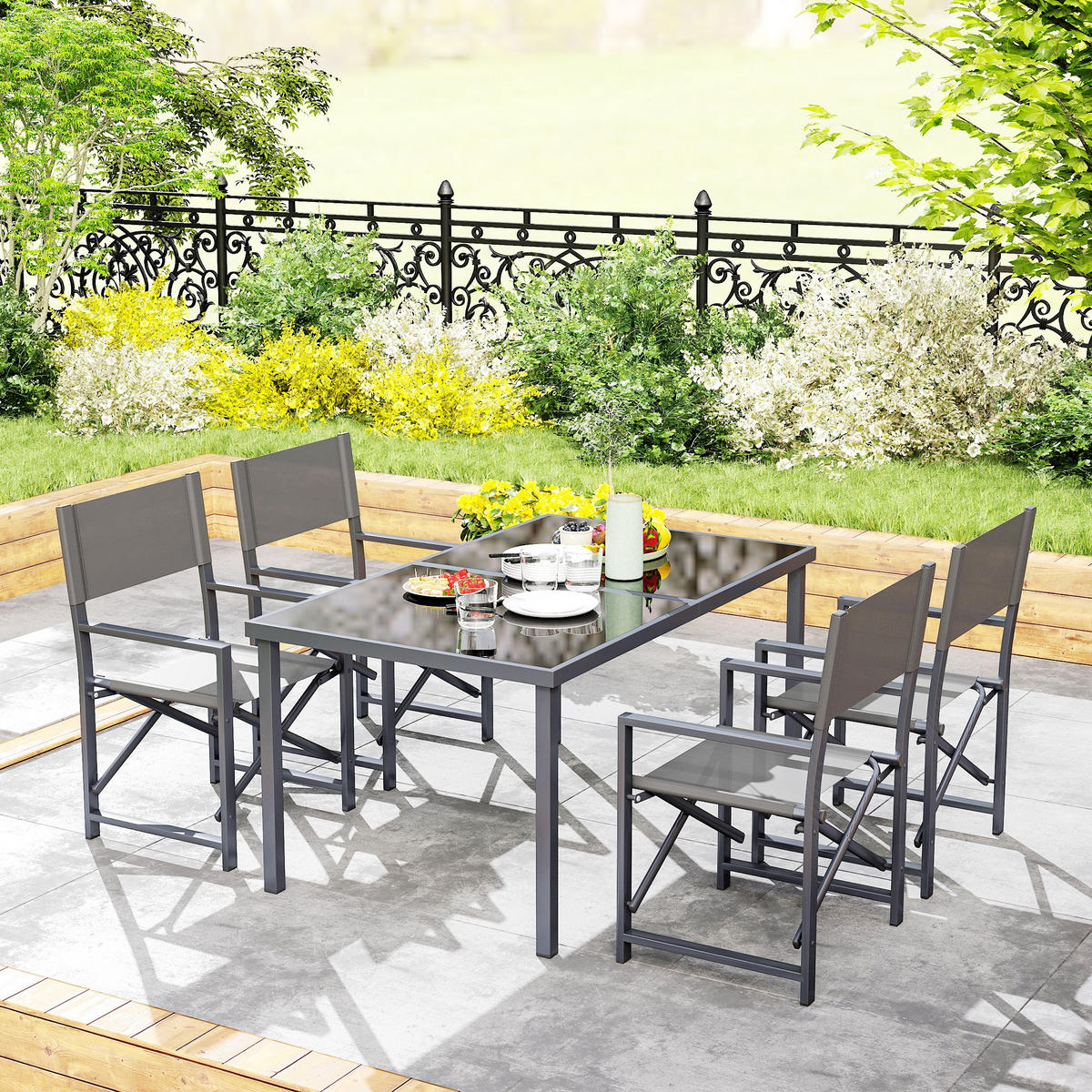 SITZGRUPPE 5-teilig DE-09823 mit Glastisch und klappbaren Stühlen Grau - Grau, Metall - ComfortXL