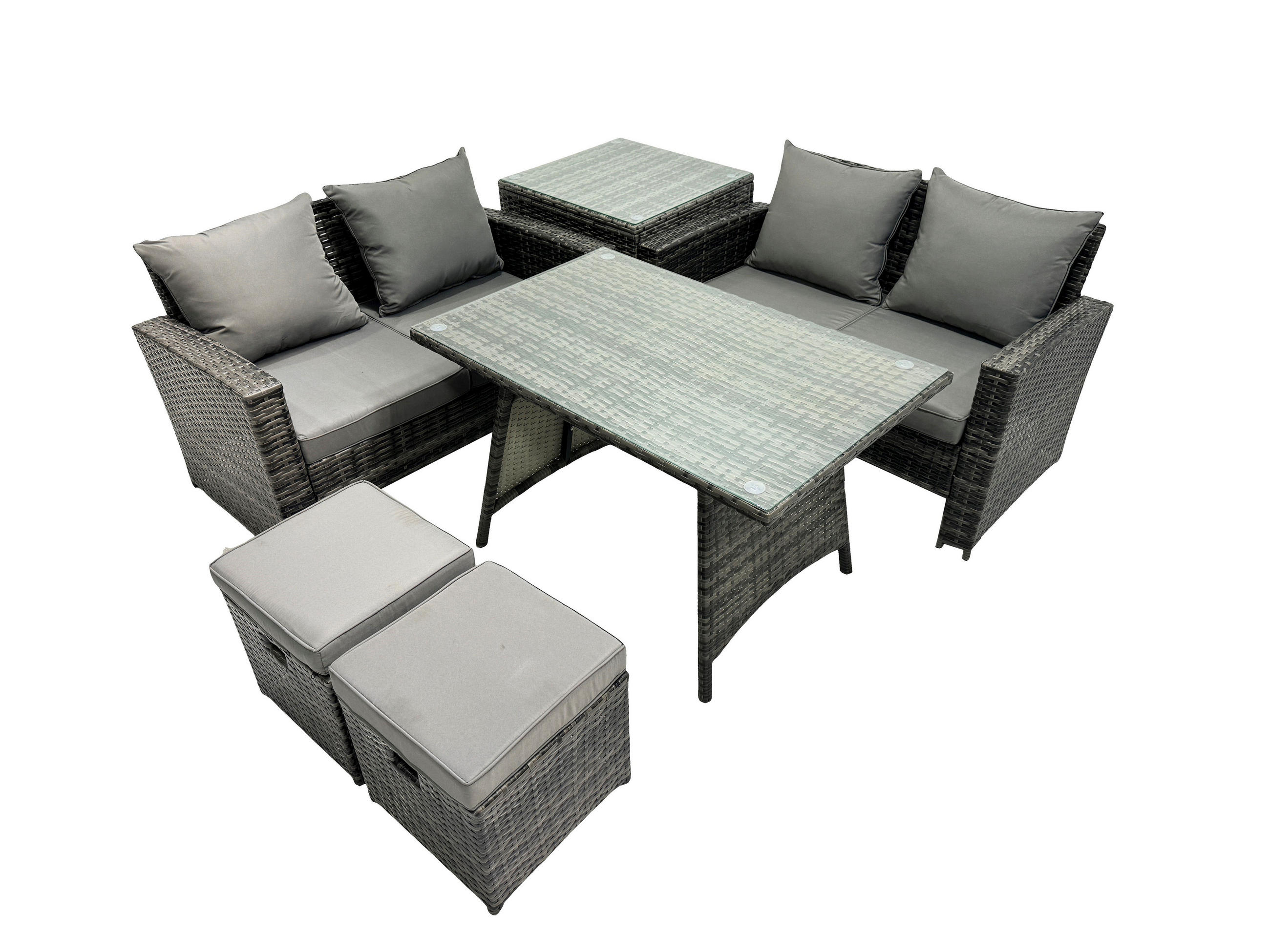 GARTENMÖBELSET mit ESSTISCH,HOCHLEHNER-SOFA Polyrattan Dunkelgrauer Mix 6-Sitzer - Dunkelgrau/Grau, Glas/Kunststoff - Fimous