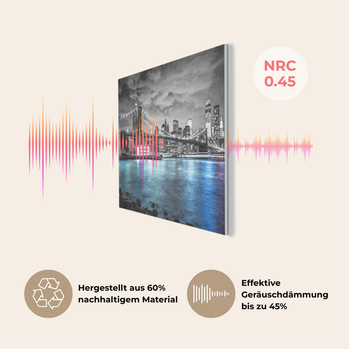 AKUSTIKPANEEL New York - Skyline - Stadt - Blau 80x60 cm - Blaugrau, Textil (80/0.9/60cm) - MuchoWow