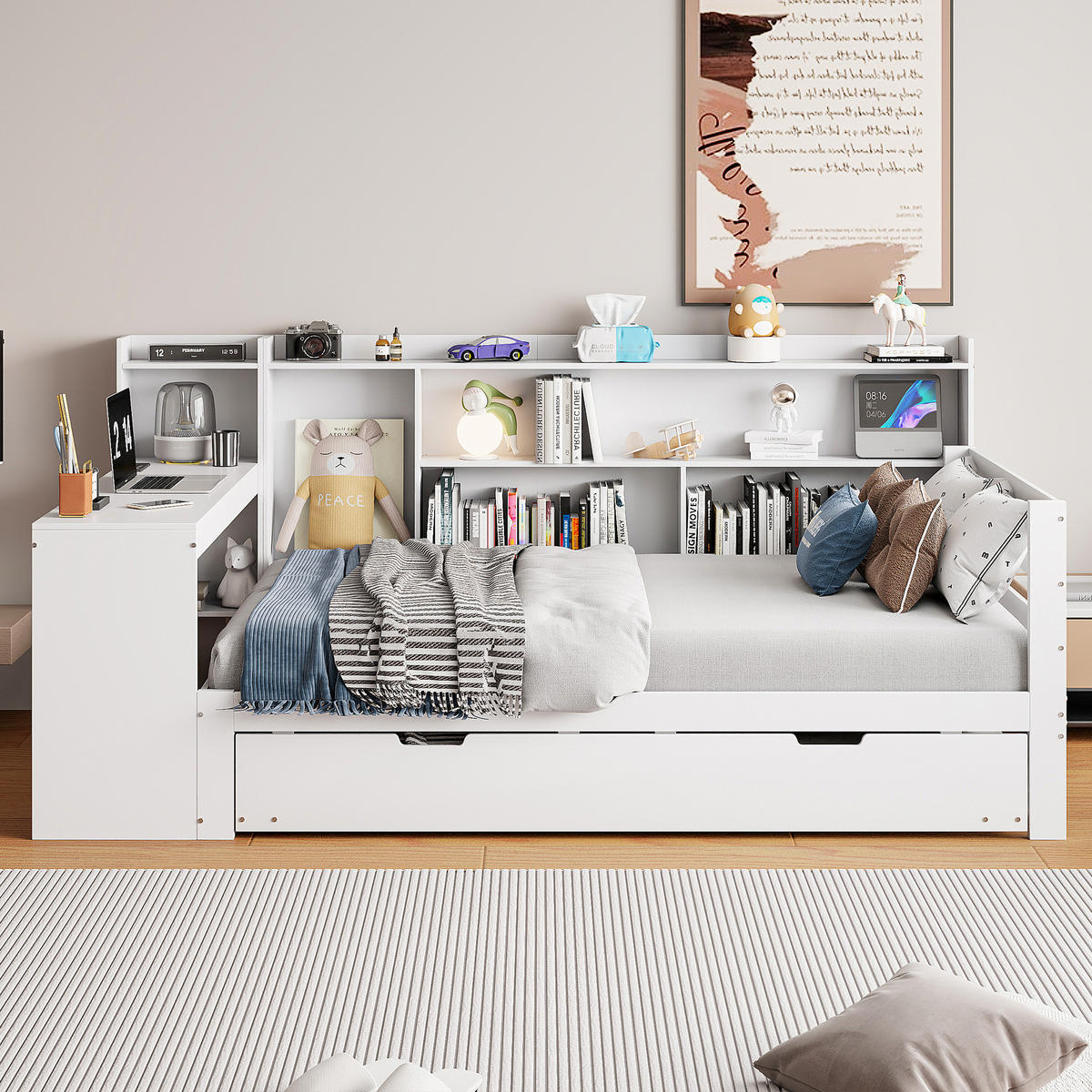 BETT aus Massivholz mit Schreibtisch und Regalen Weiß 90/200 cm - Weiß, Holz (90/200cm) - OKWISH