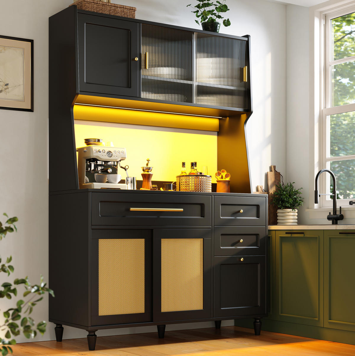 ANRICHTE Hochschrank 120/45/195,5 cm aus MDF und Holzwerkstoff mit LED-Beleuchtung Schwarz - Schwarz, Holzwerkstoff (120/195.5/45cm) - Modenvie