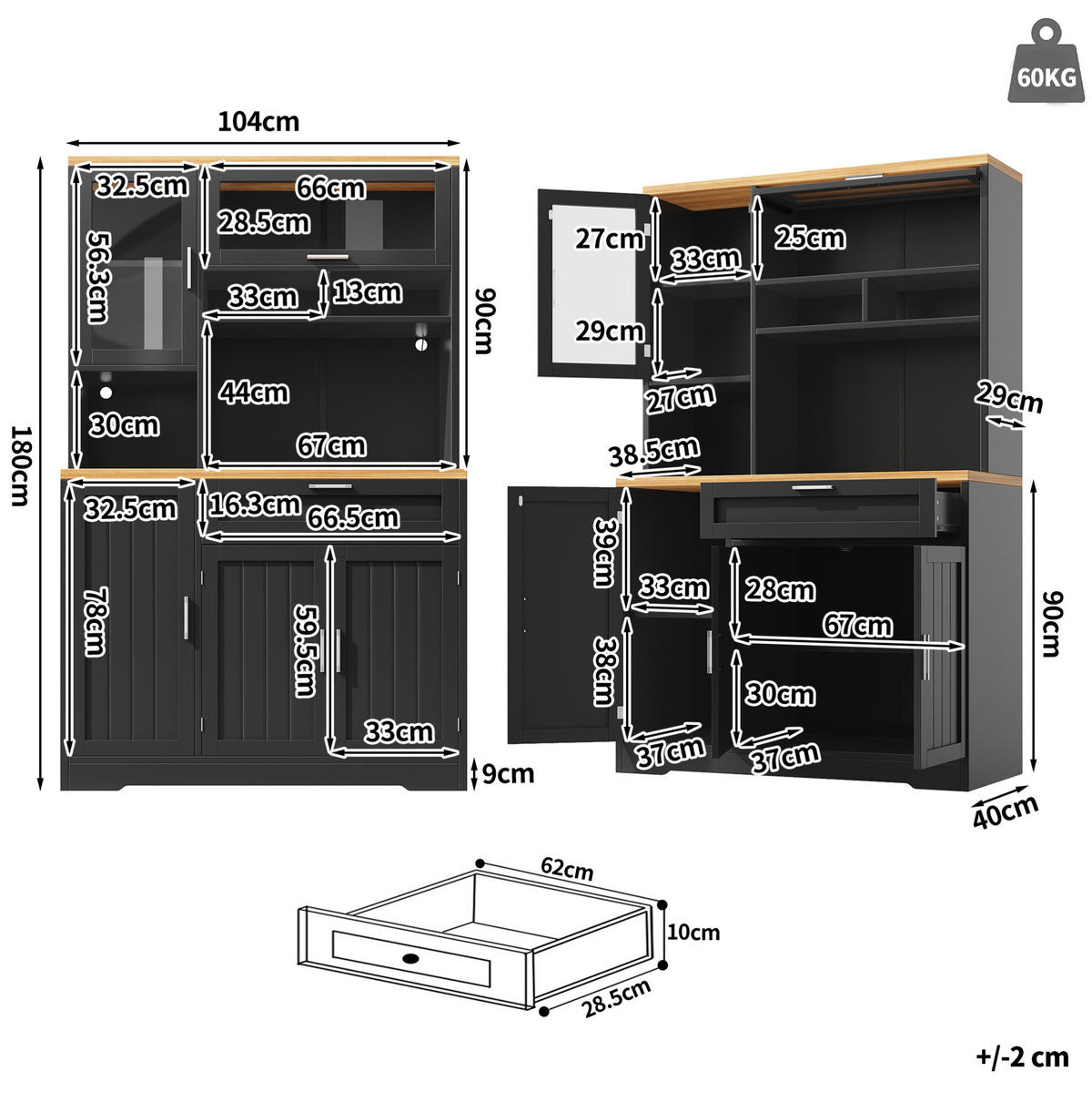 BUFFET 104/40/180 cm aus MDF und Metall mit LED-Beleuchtung Schwarz - Schwarz, Holzwerkstoff (104/180/40cm) - Modenvie