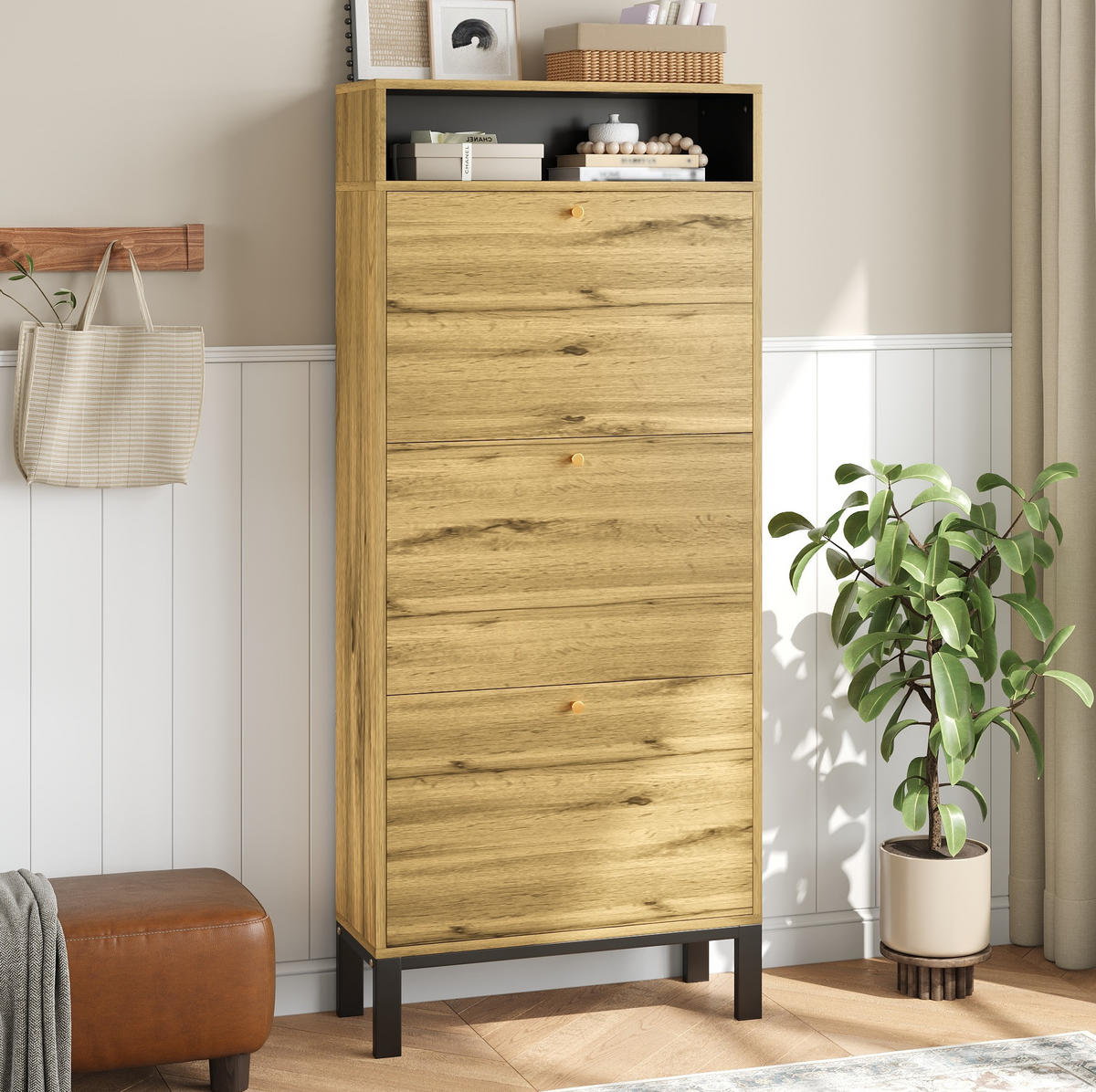 SCHUHSCHRANK 63/24/147 cm natur aus MDF mit 3 Klappen - Naturfarben, Holzwerkstoff (63/147/24cm) - OKWISH