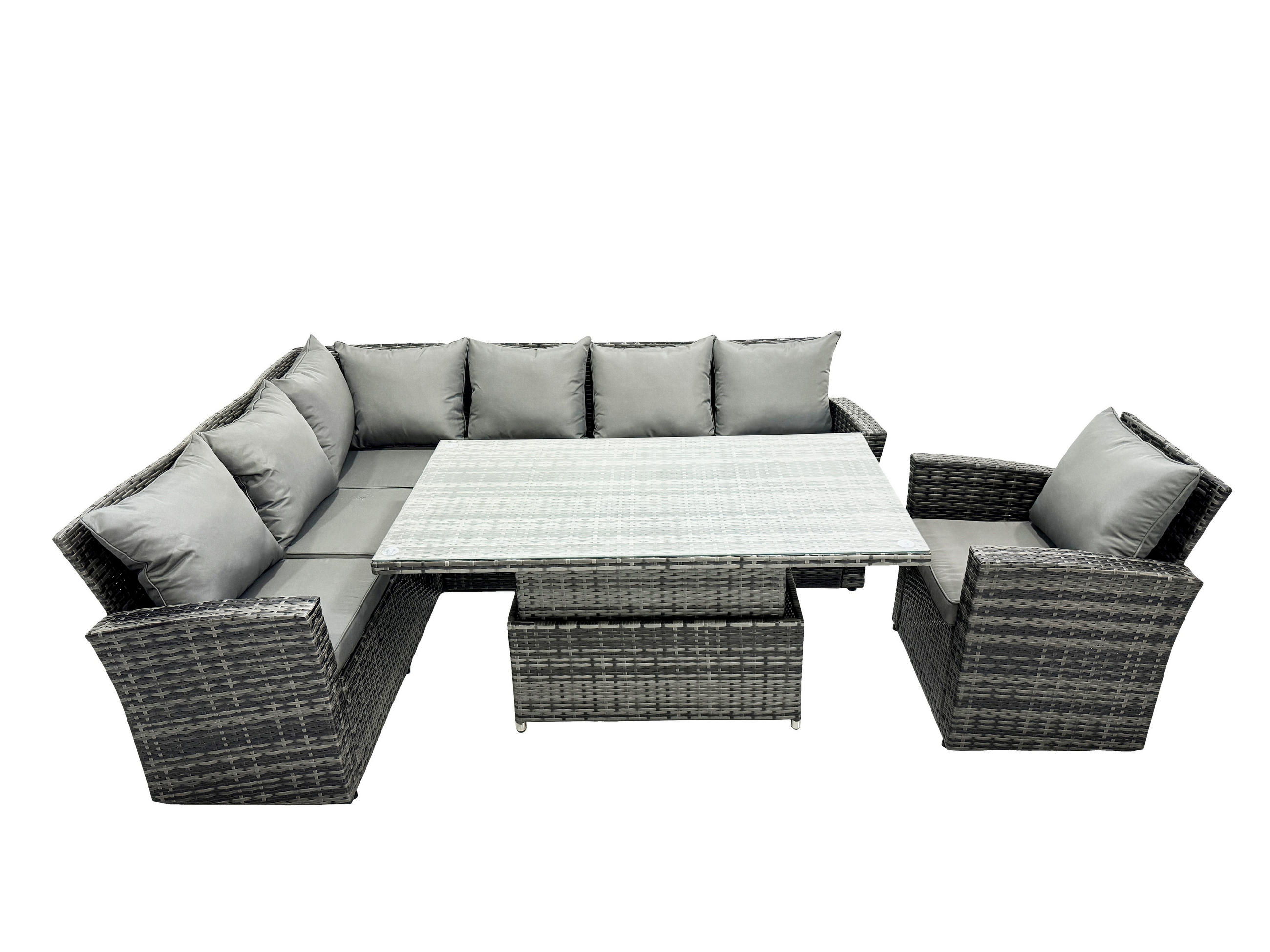 GARTENSET mit höhenverstellbarer Tisch Polyrattan 7-Sitzer - Dunkelgrau/Grau, Glas/Kunststoff - Fimous