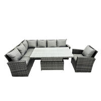 GARTENSET mit höhenverstellbarer Tisch Polyrattan 7-Sitzer - Dunkelgrau/Grau, Glas/Kunststoff - Fimous