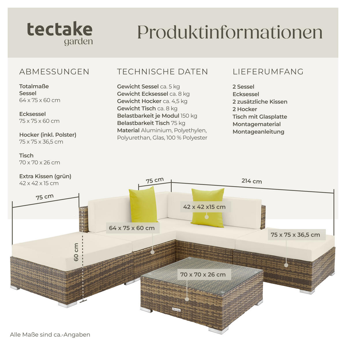 RATTANLOUNGE Paris, mit Sicherheitsglasplatte, natur - Naturfarben, Kunststoff - tectake