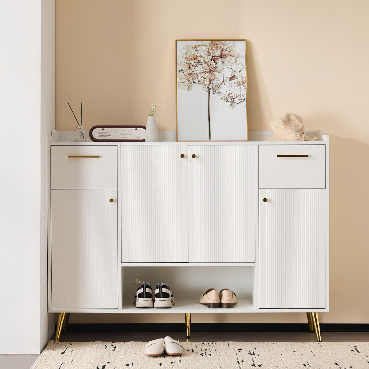 SCHUHSCHRANK 130/100/37 cm Weiß aus Spanplatte mit 2 Schubladen und 4 Türen - Weiß, Holzwerkstoff (130/100/37cm) - OKMYHOME