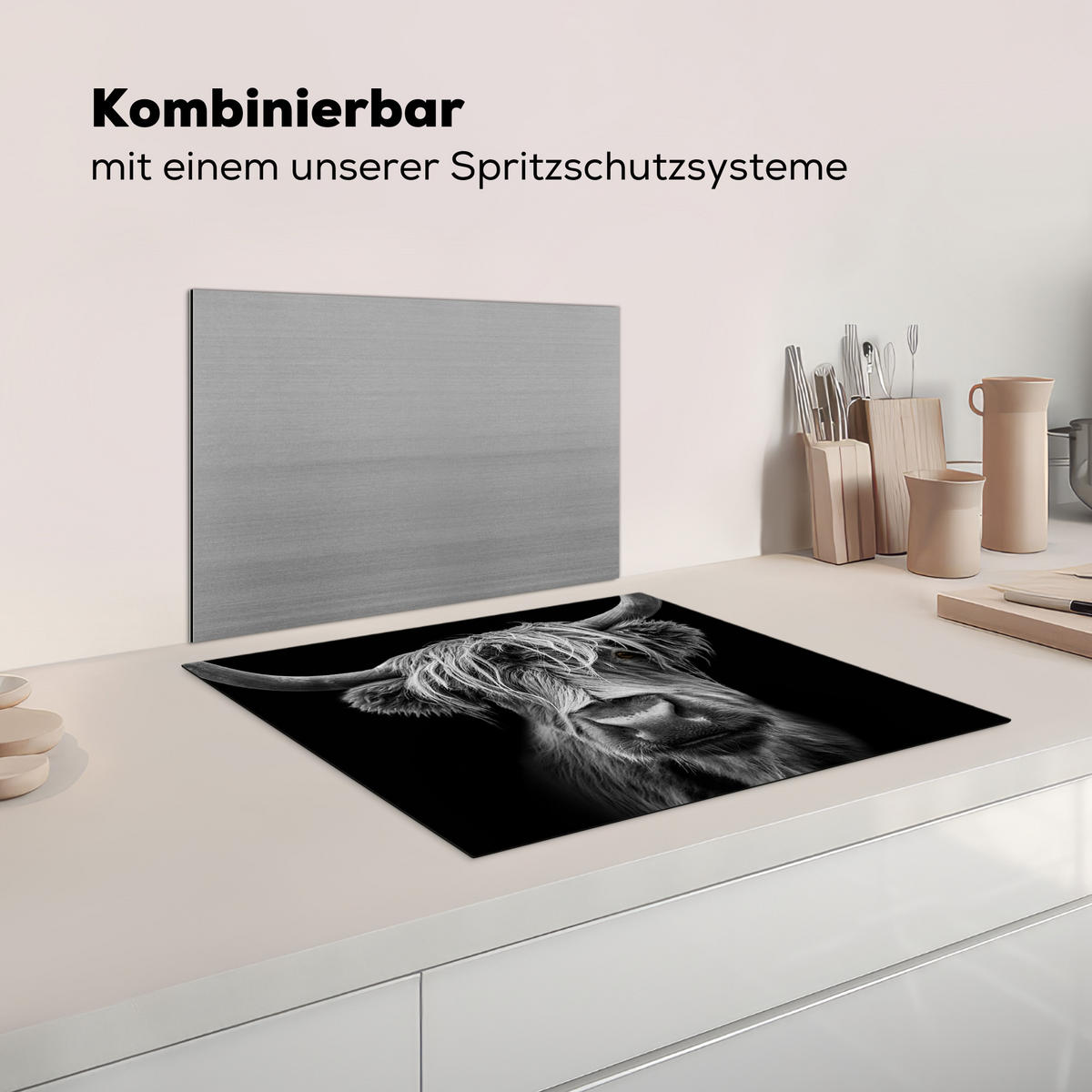 HERDABDECKPLATTE Schottischer Highlander - Hörner - Schwarz - Weiß - Kuh - Wild - Tiere Herdabdeckung Induktionsfeld 65x52 cm - Schwarz, Kunststoff (65/52/0.2cm) - MuchoWow