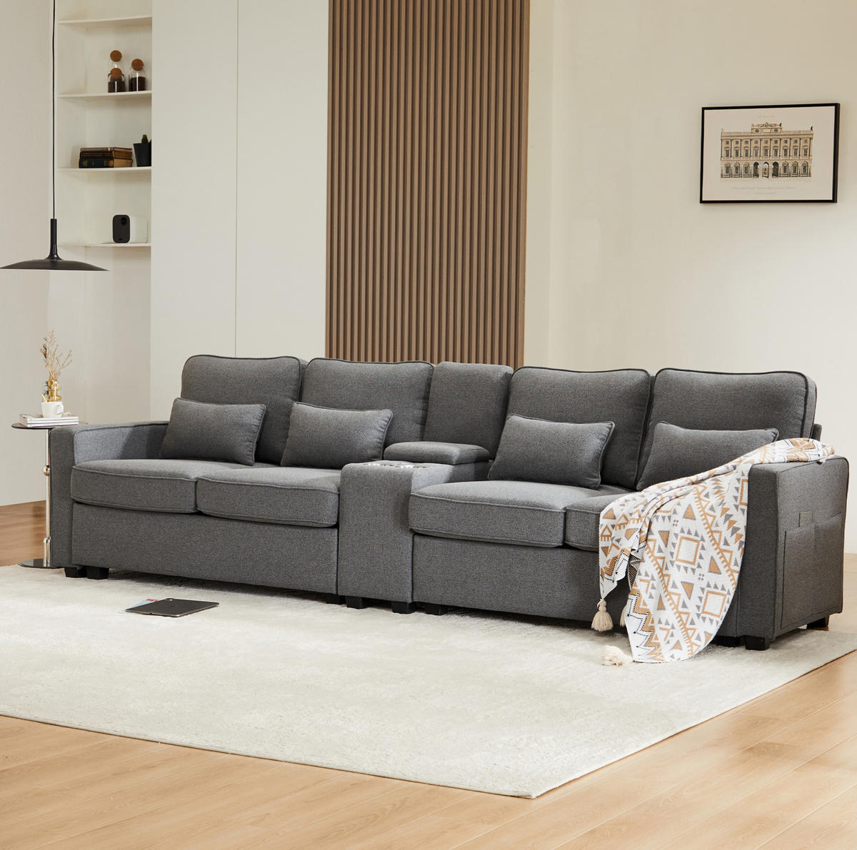 4-SITZER Sofa 290/83/88 cm Dunkelgrau aus Leinen mit USB-Anschluss und Getränkehaltern - Dunkelgrau, Textil (83/88/290cm) - OKMYHOME