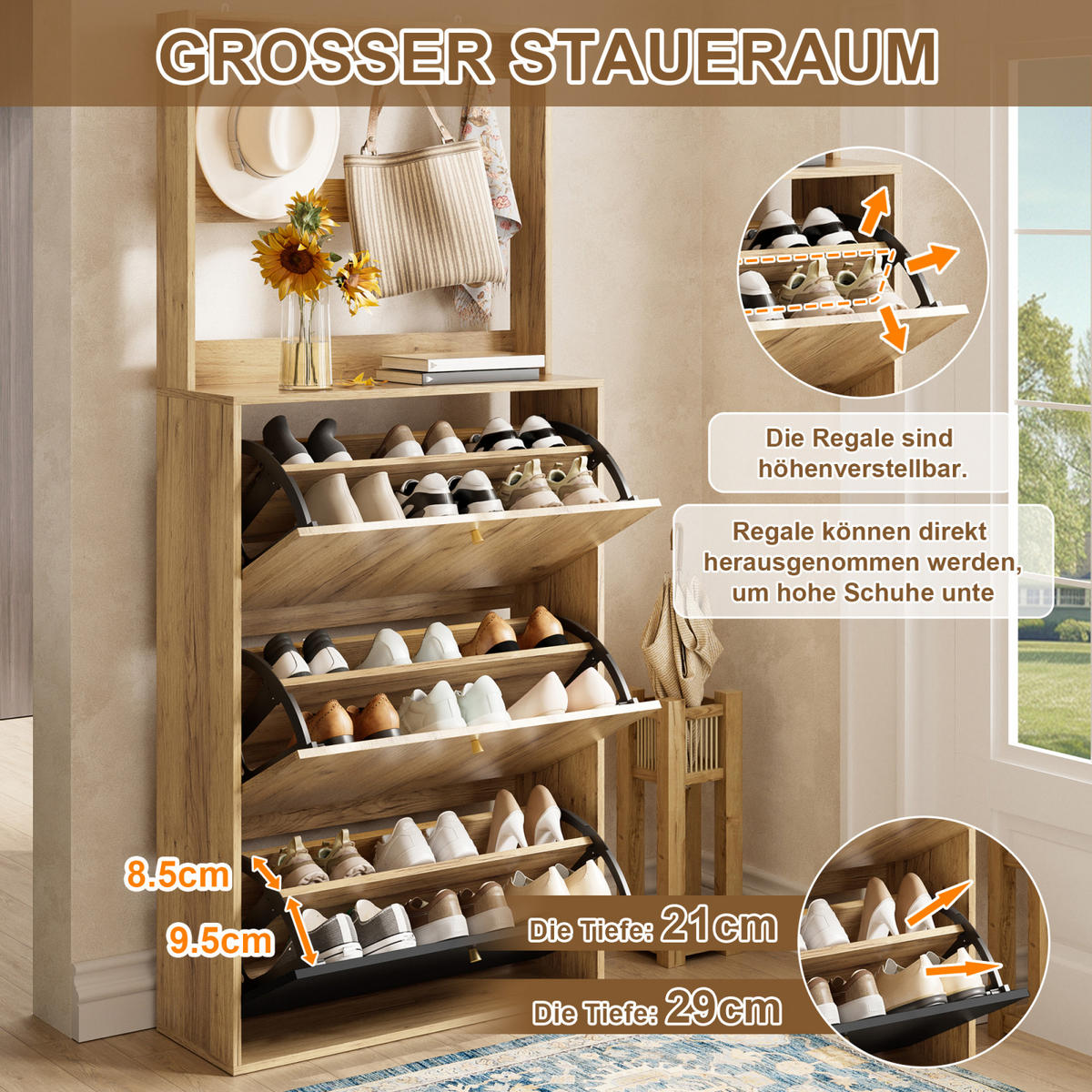 SCHUHSCHRANK Holzoptik Schwarz mit Haken, Schuhkipper mit 3 Klappen für Flur - Naturfarben, Holz (75/180/24cm) - PARAFTA HOME