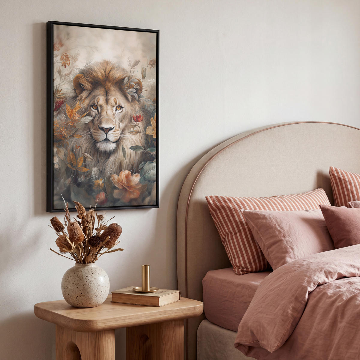 LEINWAND Bilder mit Rahmen - Löwe - Wildtiere - Pflanzen - Natur - Blumen - 40x60 - Beige, Textil (40/60cm) - MuchoWow