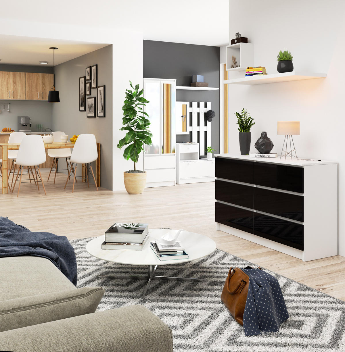 KOMMODE Weiß, Schwarz Glanz 77/120/40 - Weiß, Holzwerkstoff (120/77/40cm) - RAUMHIRSCH FURNITURE