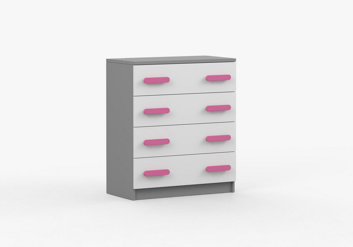 JUGENDZIMMER Elora in Grau und Weiß – 4-teiliges Set mit Schreibtisch, Kommode, Wandregal und Schrank – Grifffarbe Rosa - Grau, Holzwerkstoff (80/200/120cm)