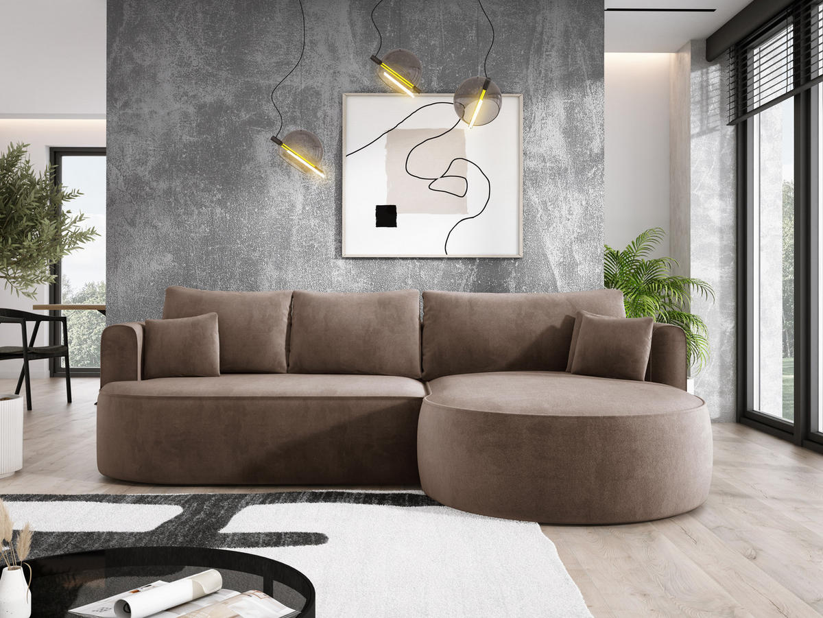 ECKSOFA FIORE L-förm Moderne Ausziehbare Schlaf-Funktion, automatischer Auffaltung, lose Rückenkissen freistehend RECHTS 284x183x82cm Cappuccino - Cappuccino, Holz/Textil (284/183cm) - DomoHome