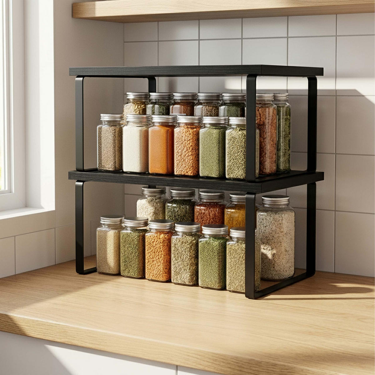 GEWÜRZREGAL Schwarz 2er-Set stapelbar MDF Eisen 60 cm - Schwarz, Holz/Metall (29.5/15.5/30cm) - Relaxdays