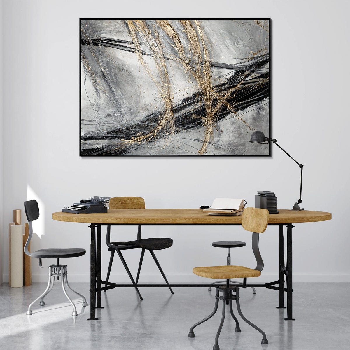 GEMÄLDE Goldener Strich II Schattenfugenrahmen Schwarz 120x80 cm - Schwarz, Holz (120/80cm) - YS-art gallery