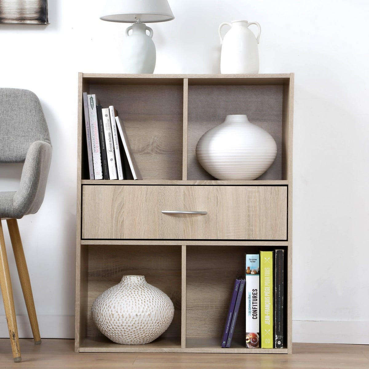 AUFBEWAHRUNGSREGAL 4 Fächer mit einer Schublade - Eschefarben, Holzwerkstoff (29.5/80/62cm) - Calicosy