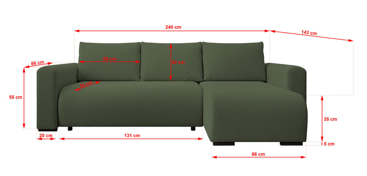 ECKSOFA DORA L, Eckcouch in L-Form mit Schlaffunktion und Bettkasten, Farbe: Grün, Bouclé-Stoff, Ottomane Rechts - Grün, Textil (240/143cm) - Storez24
