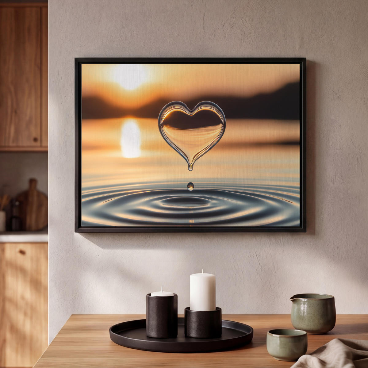 LEINWAND Bilder mit Rahmen - Herz - Wasser - Sonnenuntergang - Natur - Zen - 40x30 - Bernsteinfarben, Textil (40/30cm) - MuchoWow