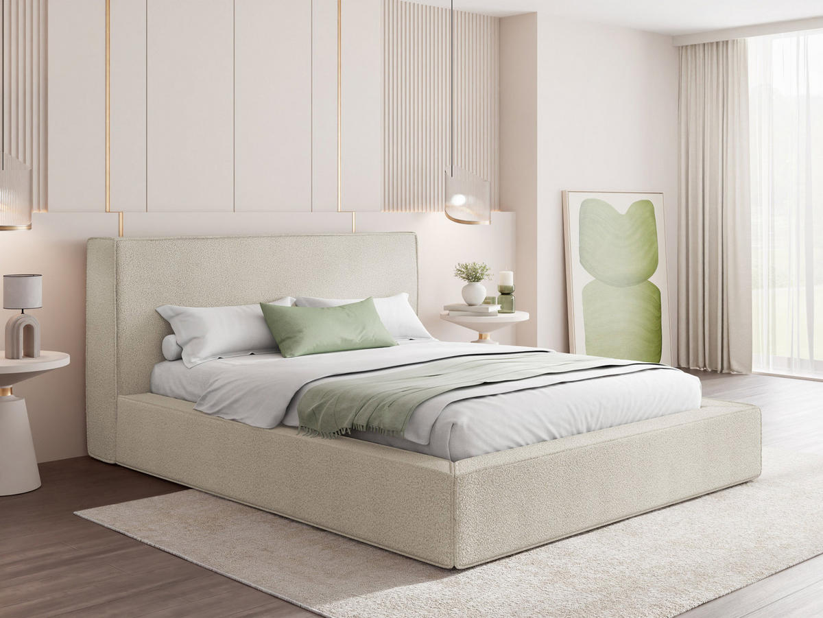 POLSTERBETT Merlin mit Bettkasten, Metall-Lattenrost & hohem Kopfteil in Creme Boucle 140x200 cm - Birkefarben/Creme, Kunststoff/Textil (140/200cm) - WFL GROUP