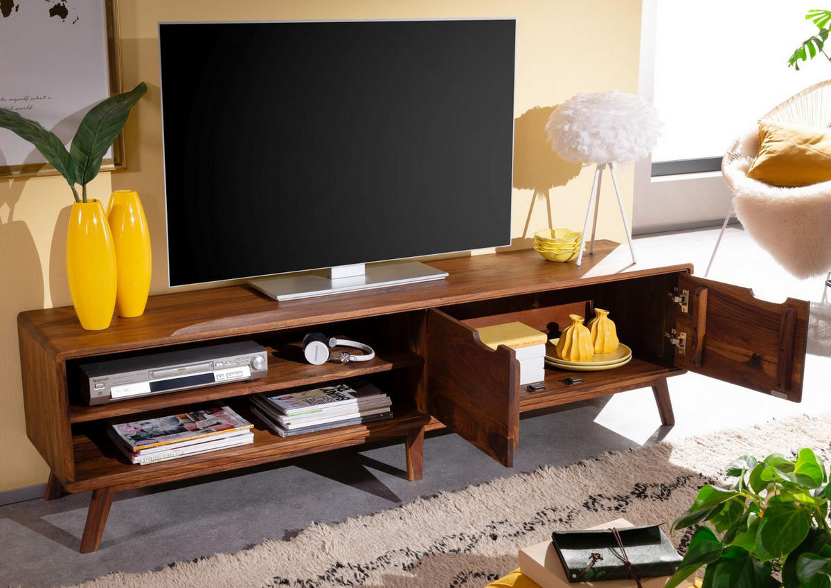 TV-BOARD Sheesham 180x40x48 walnuss gewachst MALMÖ 2 #122 - Dunkelbraun, Holz (180/48/40cm) - Massivmoebel24