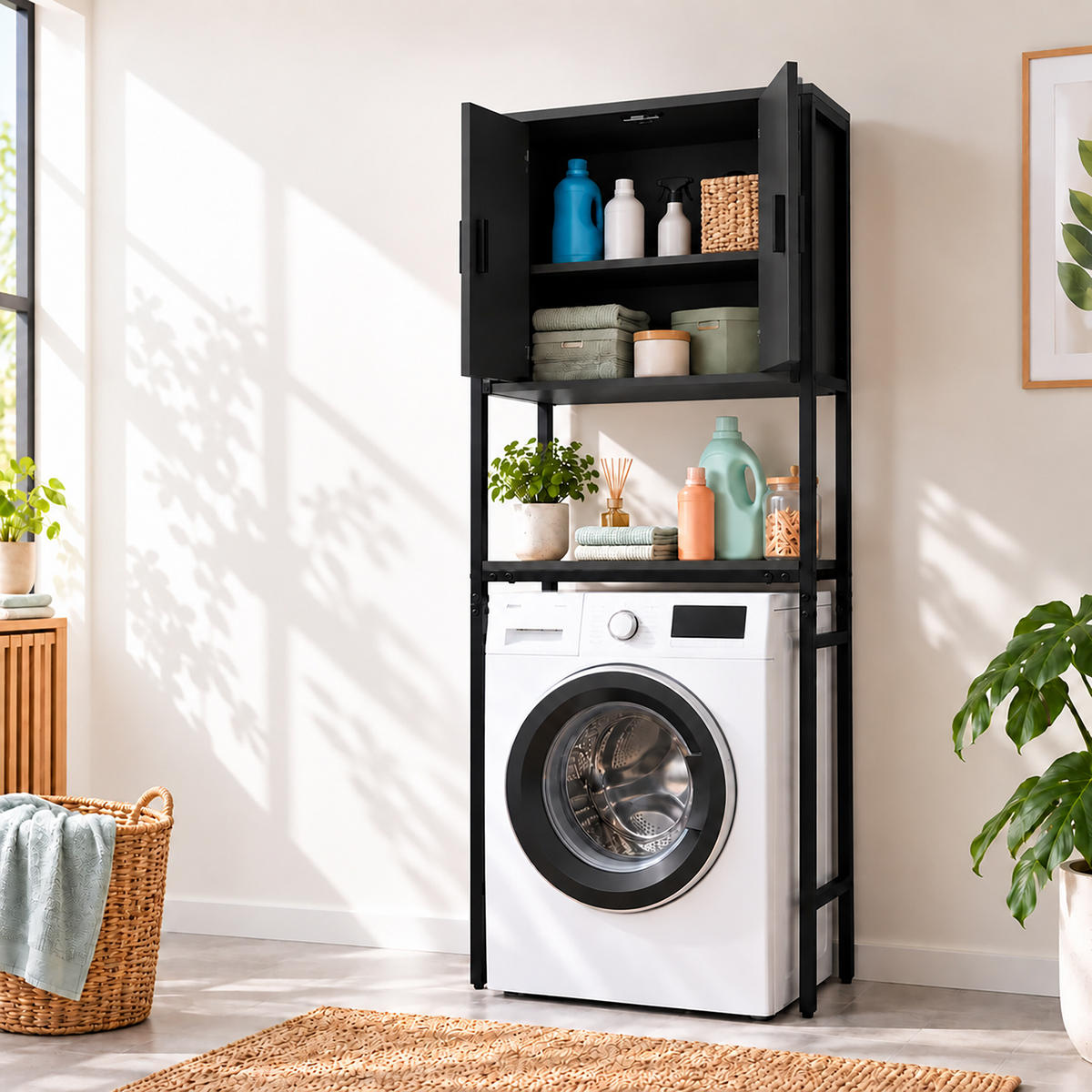 WASCHMASCHINENSCHRANK Schwarz Metall - Schwarz, Holzwerkstoff/Metall (64/170/27cm) - Relaxdays