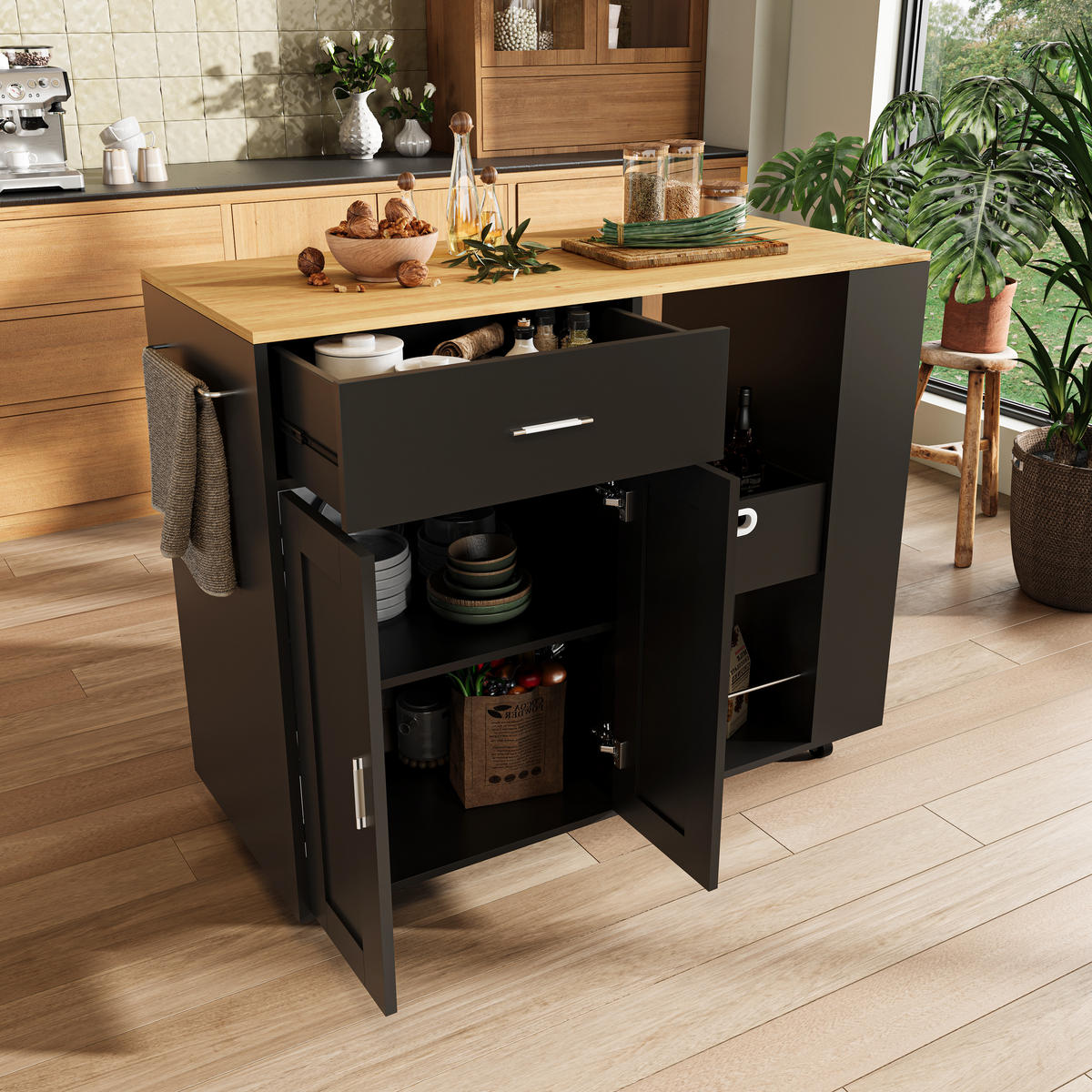 KÜCHENWAGEN rollbar 3 Ebenen Gewürzregal offen schwarz - Schwarz, Holz (46/92/102cm) - LEBENLANG