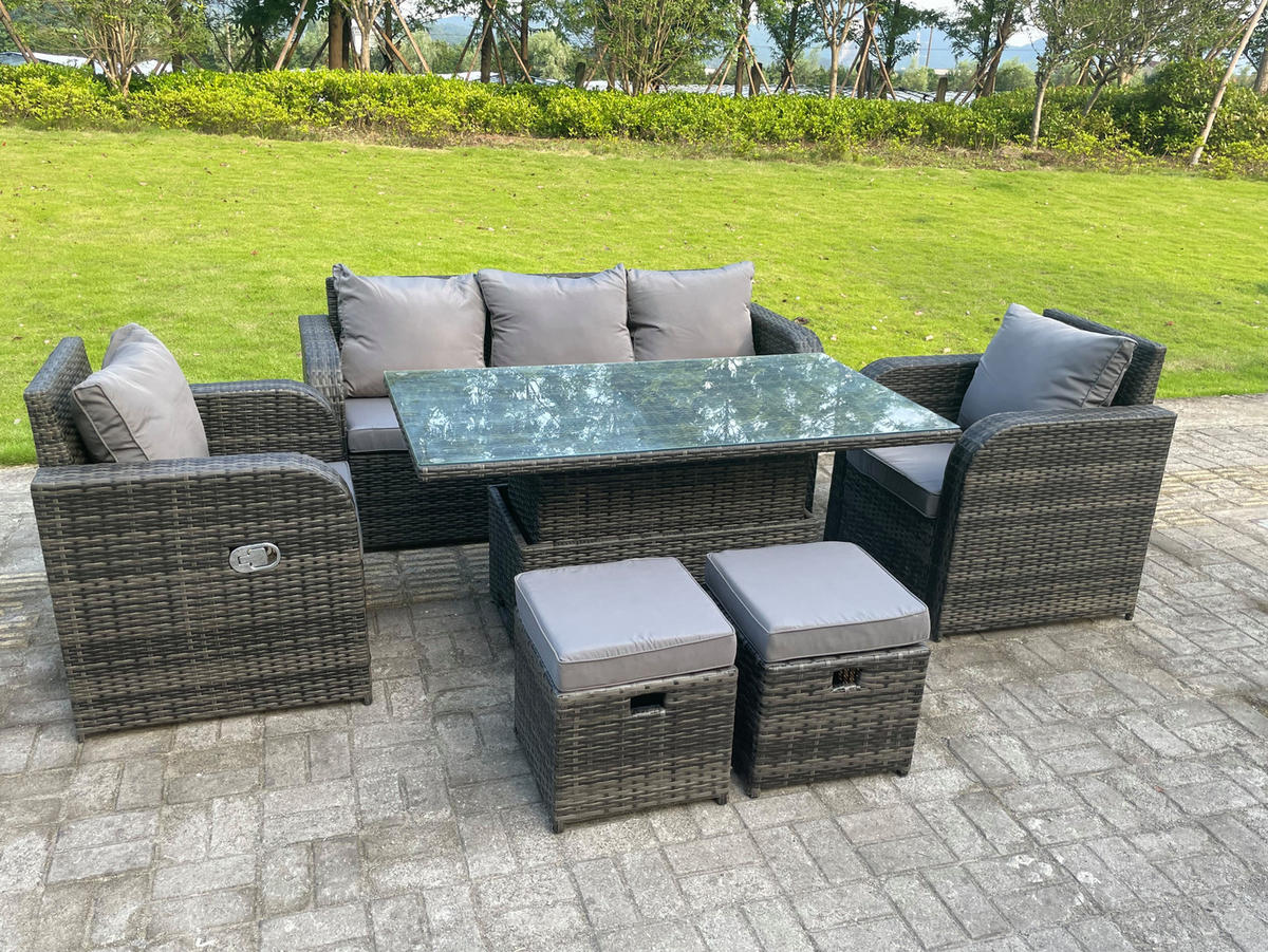 GARTENMÖBELSET mit Couchtisch Polyrattan 7-Sitzer - Dunkelgrau/Grau, Glas/Kunststoff - Fimous