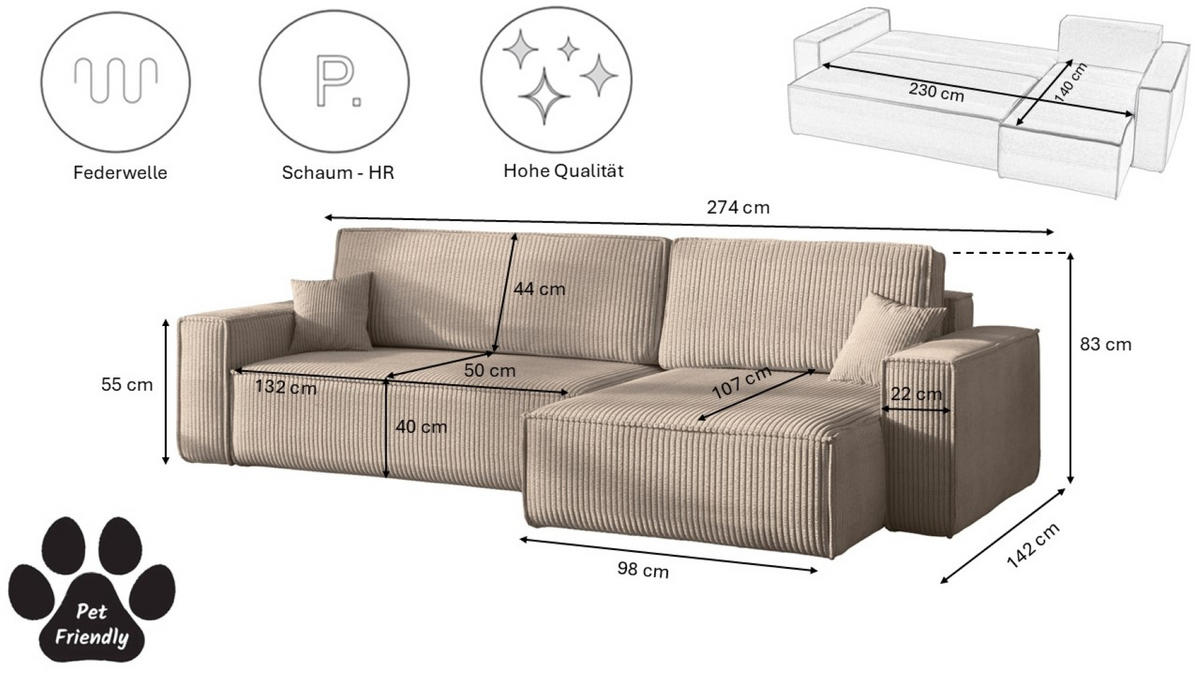 ECKSOFA Mit Schlaffunktion Und Bettkasten, Eckcouch BEST XL Stoff Poso Dicker Cord Beige Rechts - Creme/Schwarz, Holz/Kunststoff (274/142cm) - Kaiser Möbel