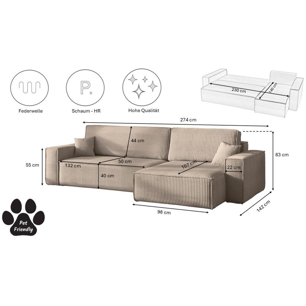 Thumbnail - Kaiser Möbel Ecksofa, Beige, Holz, 5-Sitzer, L-Form, 142x83x274 cm, Wohnzimmer, Sofas & Couches, Sofas