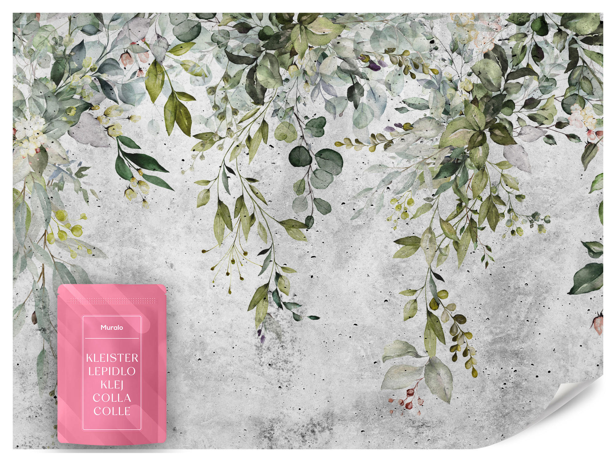 FOTOTAPETE Blätter auf Beton Abstraktion Vintage 350x256 - Grau/Grün, Papier (350/256cm) - Muralo