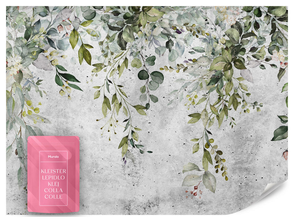 FOTOTAPETE Blätter auf Beton Abstraktion Vintage 350x256 - Grau/Grün, Papier (350/256cm) - Muralo