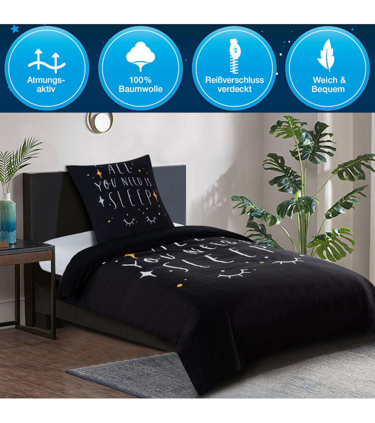 BETTWÄSCHE 2-teilig All You Need is Sleep - Schwarz, Naturmaterialien (135/200cm) - Sanilo