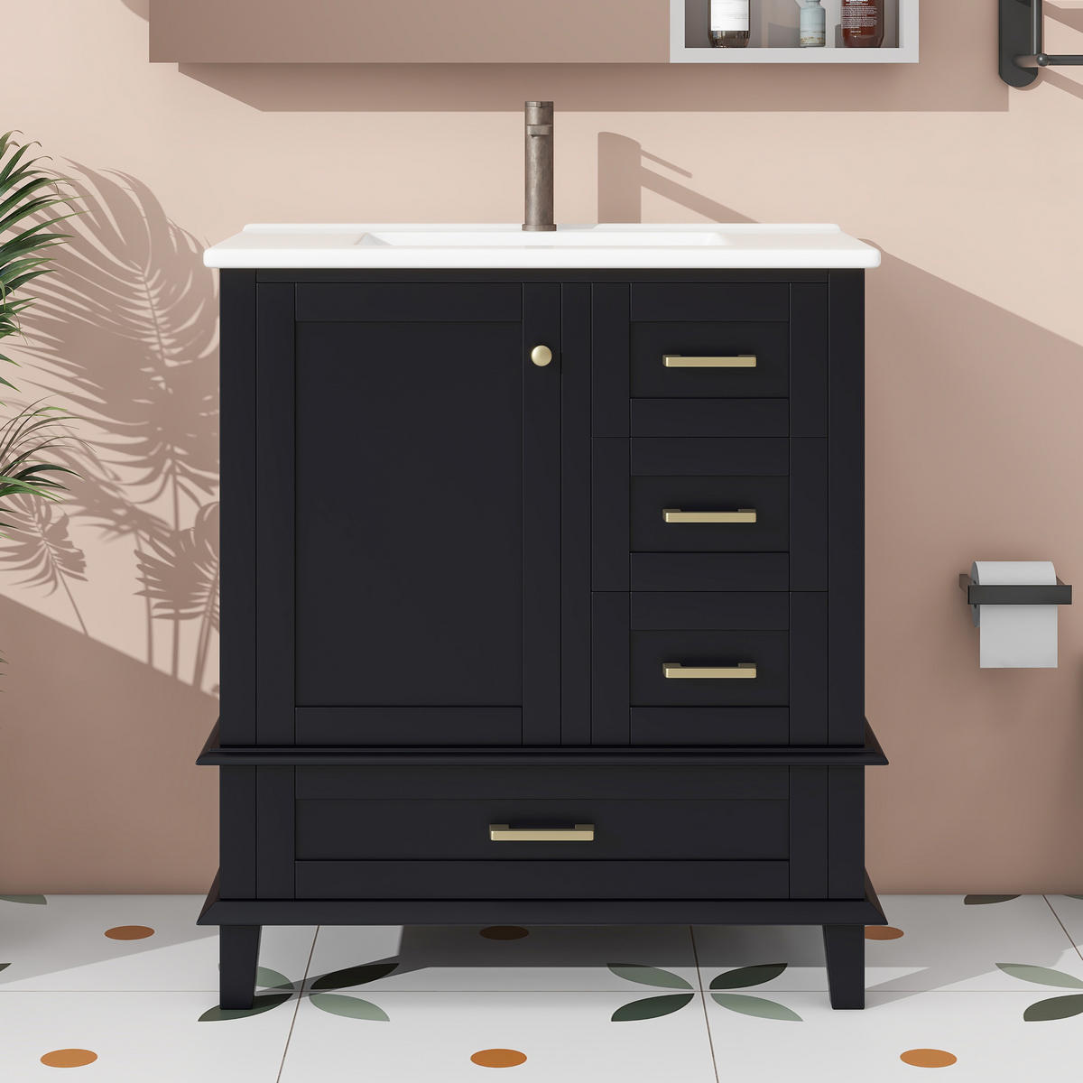 WASCHTISCHKOMBI 73x45.5x83.5 cm Schwarz aus Keramik, Spanplatte & Kiefernholz mit Schubladen - Schwarz, Holzwerkstoff (73/83.5/45.5cm) - Modfu