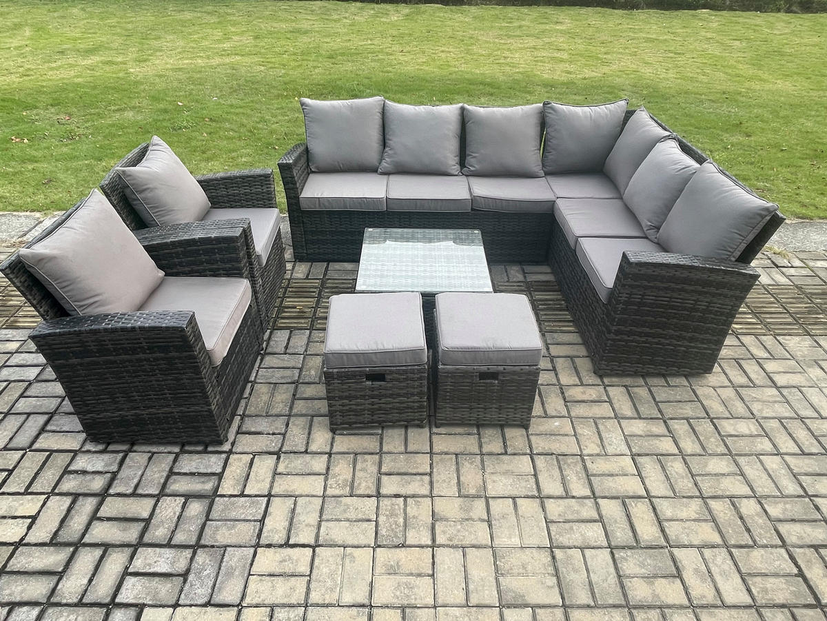 LOUNGEGARNITUR mit Couchtisch Sofa Polyrattan Dunkelgrau 10-Sitzer - Dunkelgrau/Grau, Glas/Kunststoff - Fimous