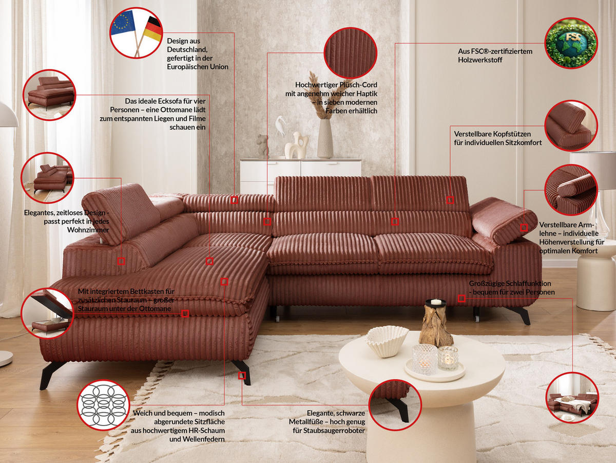 ECKSOFA mit Schlaffunktion und Bettkasten Bonnie aus Terrakotta Cord-Stoff mit verstellbaren Kopfstützen und Armlehne - Ottomane links - Terracotta/Schwarz, Holz/Textil (275/210cm) - S-Style Möbel