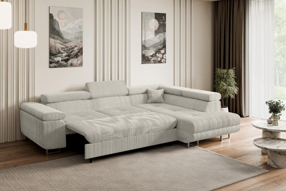 ECKSOFA mit Schlaffunktion und Bettkasten GUSA-L 272x202x107 cm Grau Cord - Silberfarben/Hellgrau, Holzwerkstoff/Textil (272/202cm) - ALTDECOR