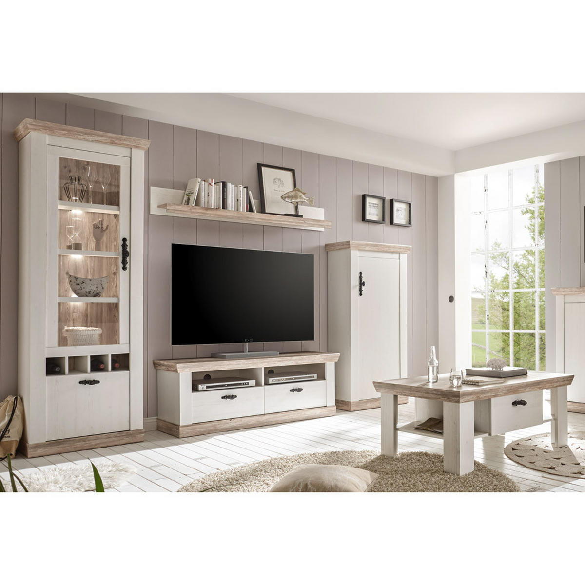 WOHNZIMMER-SET 4-TLG. Ferna-61 - Weiß, Holzwerkstoff (215/201/44cm) - Lomado