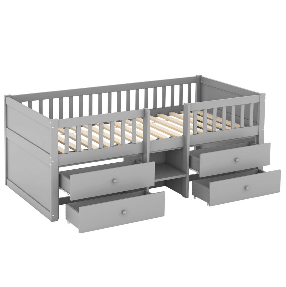 KINDERBETT Kindereinzelbetten 90/200 cm mit 4 Schubladen, Leiter und Sicherheitsgeländer aus Kiefer und MDF, Grau - Grau, Holzwerkstoff (90/200cm) - Redom