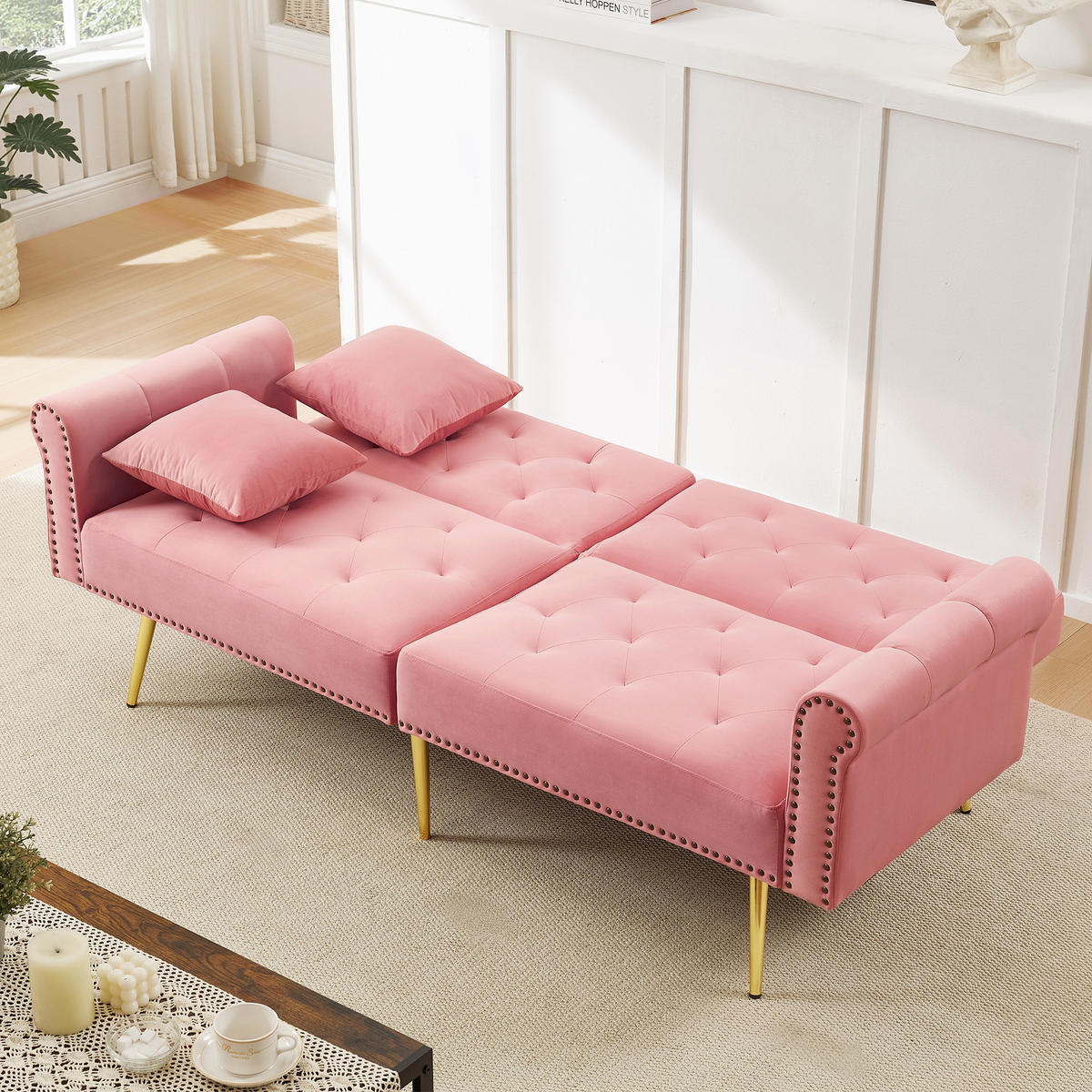 SCHLAFSOFA 2-Sitzer mit verstellbarer Rückenlehne und vergoldeten Metallfüßen Samt Pink 147/85/41 cm - Rosa, Kunststoff (173/70/75cm) - OKWISH