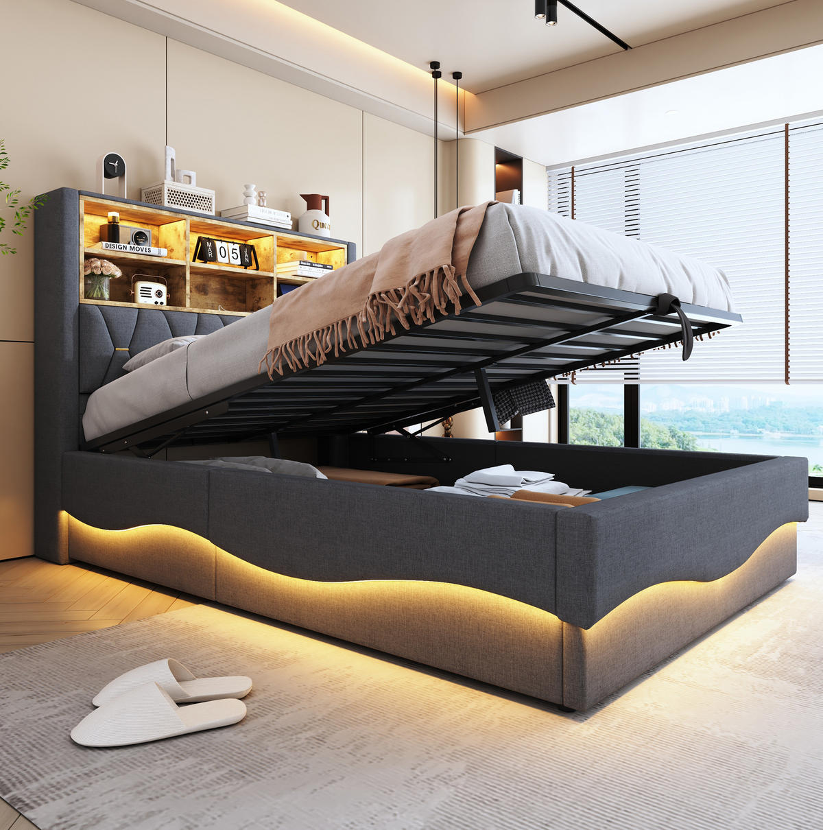 POLSTERBETT 140/200 cm Grau mit Stauraum, LED-Beleuchtung und USB-Anschluss - Grau, Metall (140/200cm) - Flora Grace