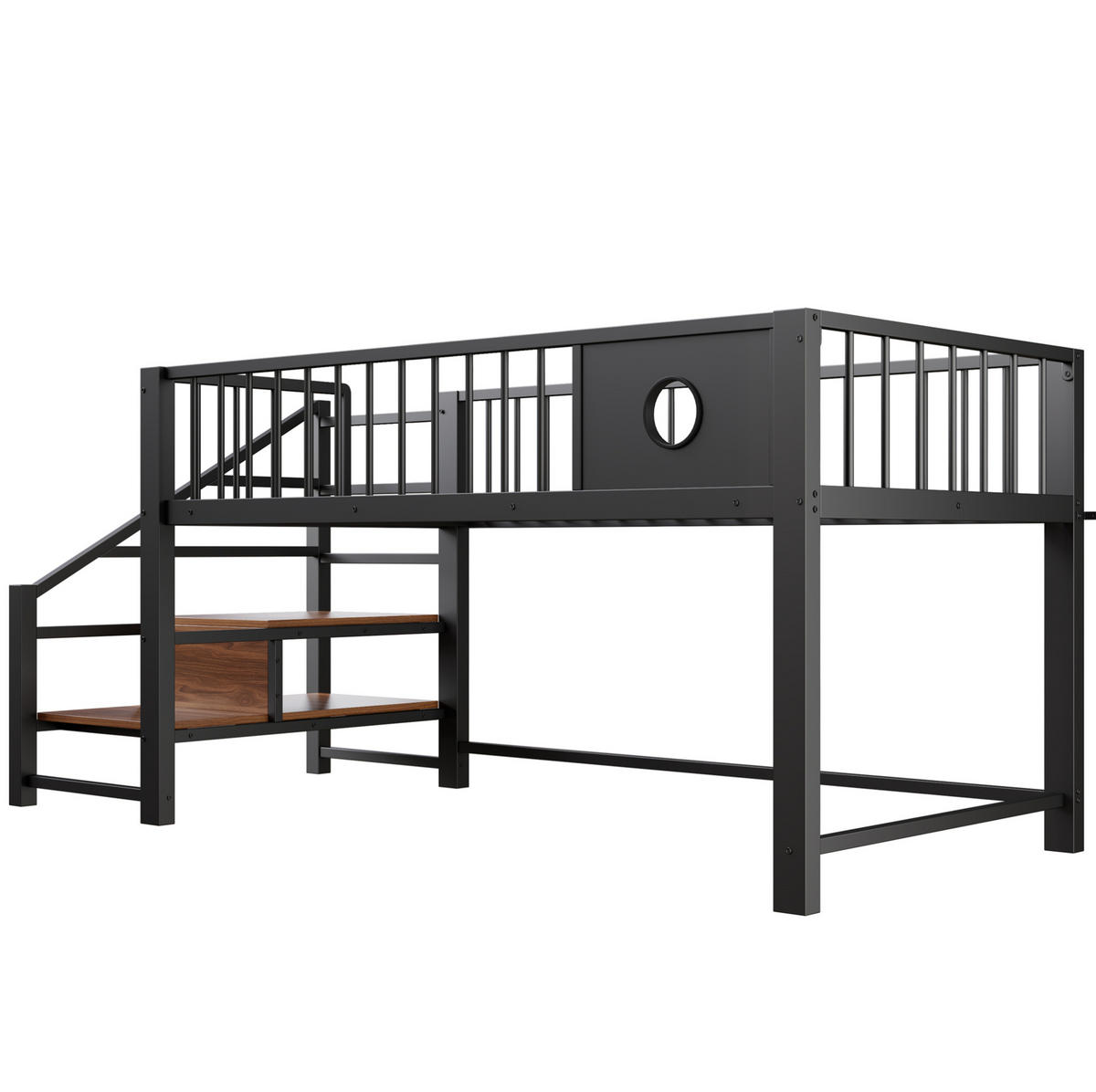 KINDERHOCHBETT 90/200 cm Schwarz aus Metall mit Stauraumleiter ohne Matratze - Schwarz, Metall (90/200cm) - MIVRAY
