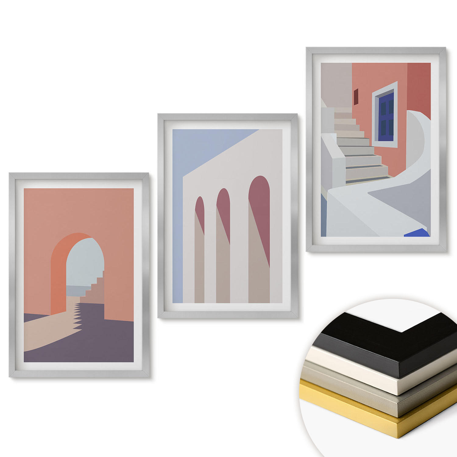 WANDBILDER 3er Set - 40x60 cm Silberner Rahmen - Minimalistische Architekturillustrationen - Silberfarben, Kunststoff (40/60cm) - ArtPrintCave