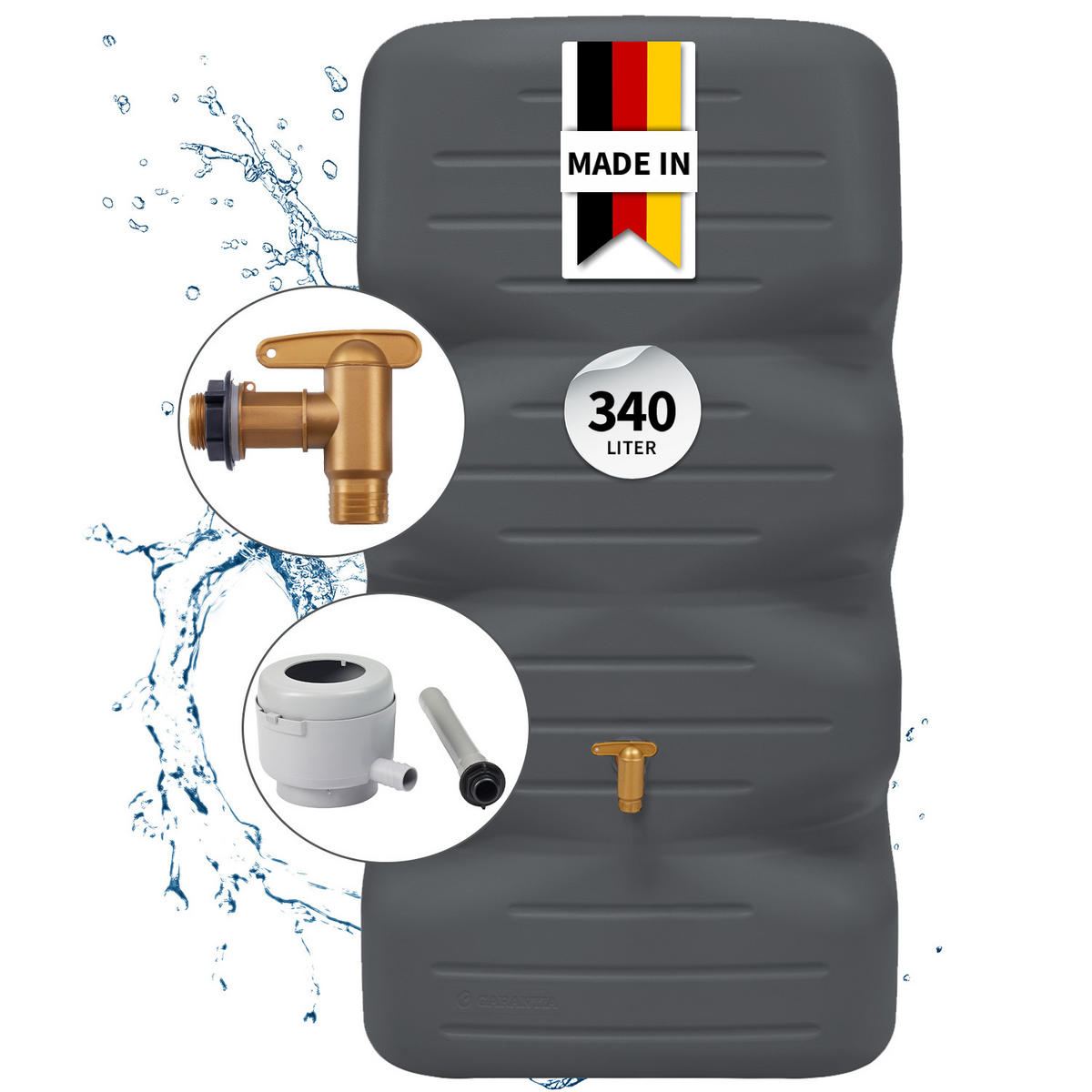 REGENTONNEN Komplett-Set 340 L graphite grey inkl. Kunststoff-Auslaufhahn und Fallrohranschluss - Graphitfarben, Kunststoff (59/112/59cm) - GARANTIA
