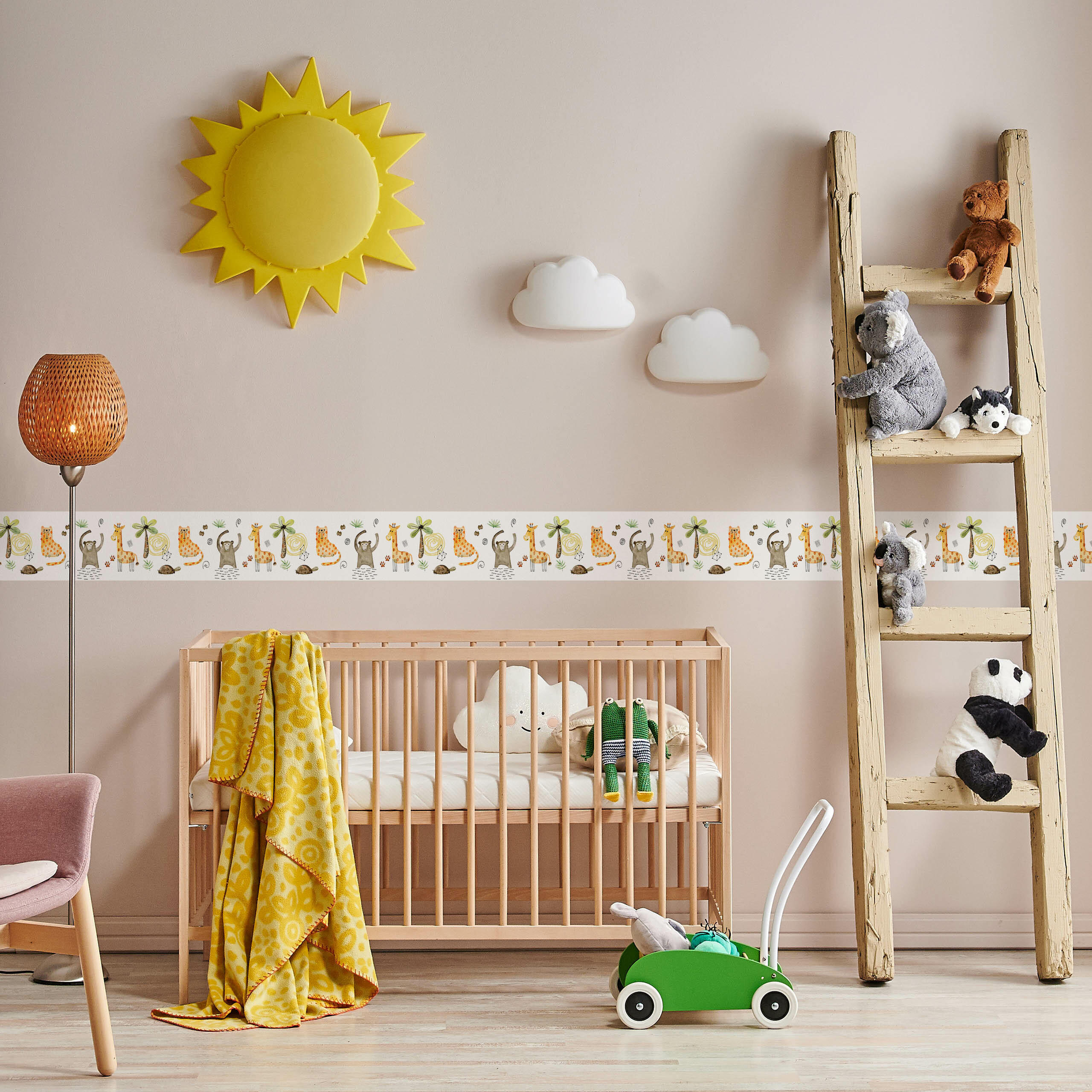 TAPETENBORDÜRE selbstklebend für Kinder wilde TIERE tropische Pflanzen - Beige/Schwarz, Papier (10/300/300cm) - Muralo