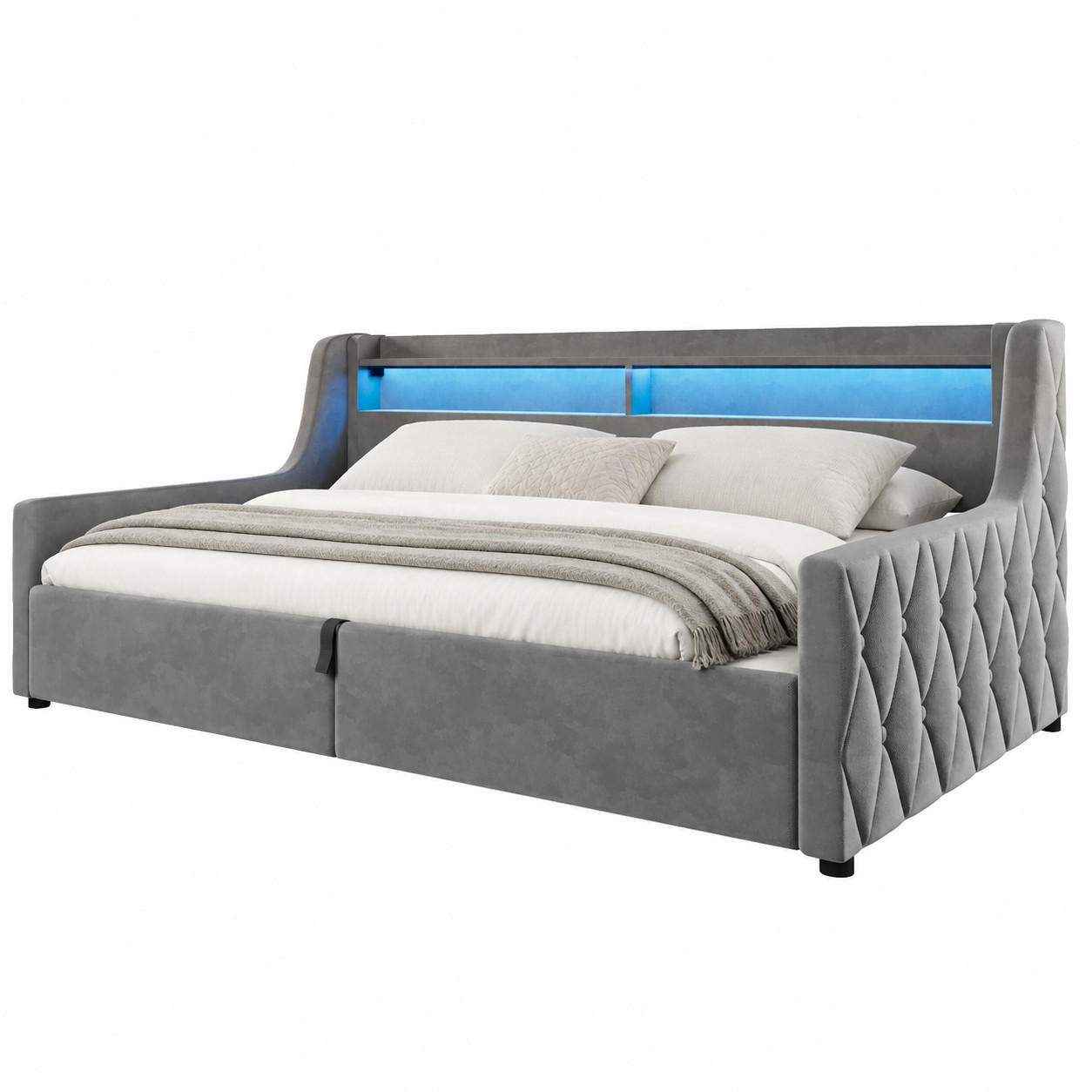 BETT mit Stauraum und LED 90x200 cm Grau - Grau, Metall (90/200cm) - Meubliv