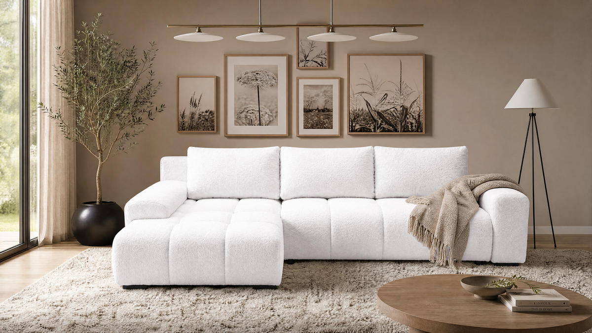 ECKSOFA Ovia mit Bettkasten und Schlaffunktion, Bouclé-Stoff in L-Form - Weiß, Textil (270/185cm)