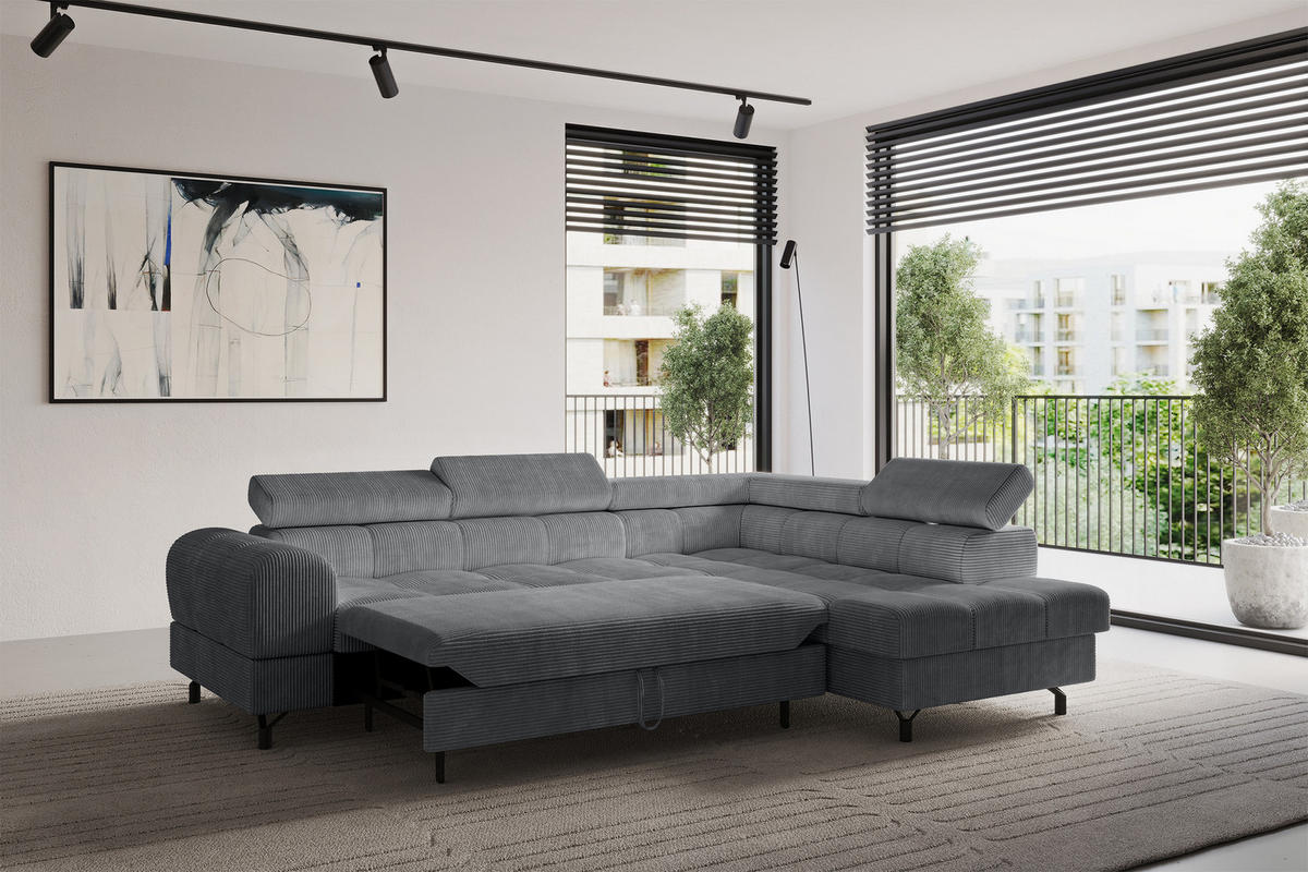 ECKSOFA mit Schlaffunktion Ottomane Rechts LUMA-L 272x203x70 Dunkelgrau Cord - Dunkelgrau/Schwarz, Holzwerkstoff/Kunststoff (203/272cm) - ALTDECOR