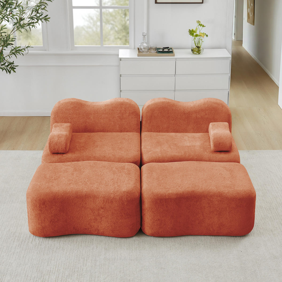 2-SITZER SOFA Samt Orange mit 2 Hockern - Orange, Textil (192/70/167cm) - WISHDOR